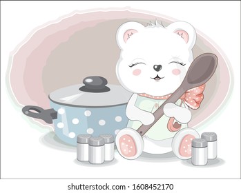 cook Teddy bear with spoon. spices and pan. Picture in hand drawing cartoon style, for t-shirt wear fashion print design, greeting card, postcard. baby shower. party invitation.
