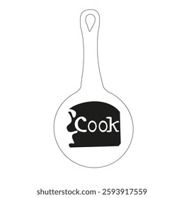 Cook text frying pan. Black kitchen utensil. Bold silhouette design. Minimal vector icon. EPS 10.