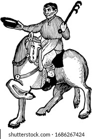 The Cook, this picture shows the cook riding on horse, hat in right hand and stick like material in left hand, vintage line drawing or engraving illustration