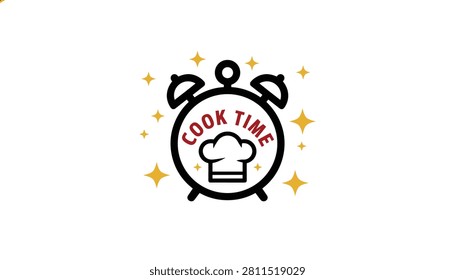 Cook Time graphic design emblem featuring an alarm clock with a chef hat inside and sparkling gold stars around.