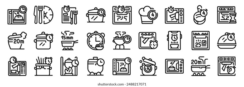 Cook time icons set. Chefs cooking food using different kitchen timers icons set. Outline set of chefs cooking food using different kitchen timers vector icons for web design isolated on white