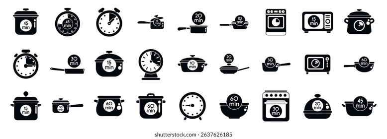  Cook time icons set. Set of cooking time icons representing various cooking durations for different kitchenware, using timers and clocks to indicate preparation times