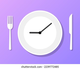 Cook time logo badge, eat plate clock time for food. Dish watch empty icon