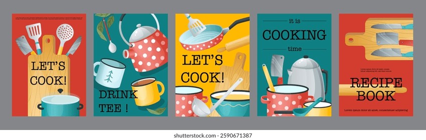 Cook time typography template posters. Vertical covers with kitchen utensil, recipe book, teapot, cutlery, saucepan, frying pan, other. Modern banners set in minimalism design. Vector illustration.