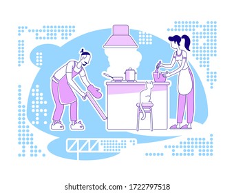 Cook together flat silhouette vector illustration. Man and woman in kitchen prepare meal. Culinary and cookery. Couple outline characters on blue background. Family activity simple style drawing