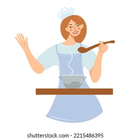 The cook tries the soup. Young beautiful woman with a saucepan and a spoon on the table. Cute girl chef in a chef's hat and apron prepares food. Culinary art vector isolated illustration.