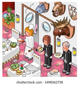 Cook and two waiters in in tails presenting food at a gourmet restaurant (illustration in isometric view)
