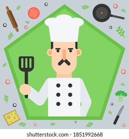 cook in uniform with cooking spatula, kitchenware and food ingredients cooked restaurant breakfast