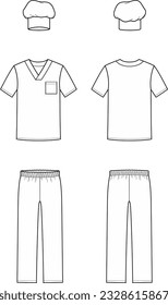 Cook uniform flat sketch. Cooker work wear apparel design. Shirt, pants, hat. Front and back. Men CAD mockup. Technical drawing. Vector illustration.