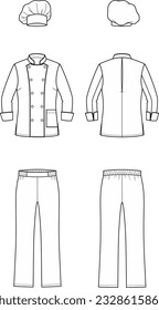 Cook uniform flat sketch. Cooker work wear apparel design. Jacket, pants, hat. Front and back. Men CAD mockup. Technical drawing. Vector illustration.