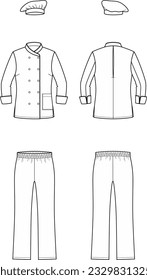 Cook uniform flat sketch. Cooker work wear apparel design. Jacket, pants, hat. Front and back. Men CAD mockup. Technical drawing. Vector illustration.