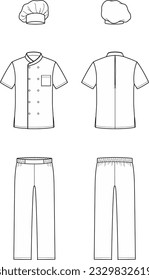 Cook uniform flat sketch. Cooker work wear apparel design. Shirt, pants, hat. Front and back. Men CAD mockup. Technical drawing. Vector illustration.