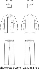 Cook uniforme. Ropa de trabajo de cocina. Chaqueta, pantalones, sombrero. Delante y atrás. CAD de moda. Ilustración vectorial.