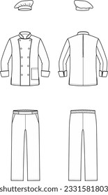 Cook uniform flat sketch. Cooker work wear apparel design. Jacket, pants, hat. Front and back. Men CAD mockup. Technical drawing. Vector illustration.