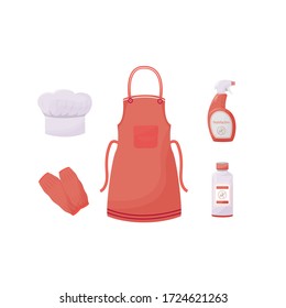 Cook uniform items and sanitizers flat color vector objects set. Kitchen clothes and disinfectors. Cook hat and apron, sleeve protectors 2D isolated cartoon illustrations on white background