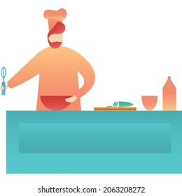 Cook in uniform on kitchen vector icon. Chef cooking food at table isolated on white. Restaurant master chief in apron.