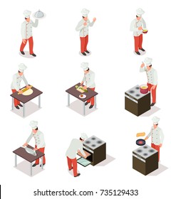 Cook in uniform prepares and serves delicious dishes with help of modern oven and convenient table isolated cartoon isometric vector illustrations set.