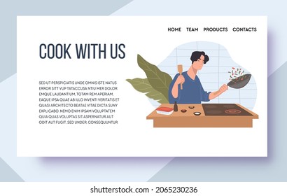 Cook with us, classes and courses, lessons and tutorials with recipes and tricks for beginners. Prepare food. Website or web landing page template with navigation buttons. Vector in flat style