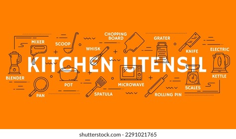 Cook utensil icons and infographics of kitchenware and kitchen appliances, vector background. Cooking utensils, microwave oven with pan and mixer, electric kettle and scoop with knife and whisk