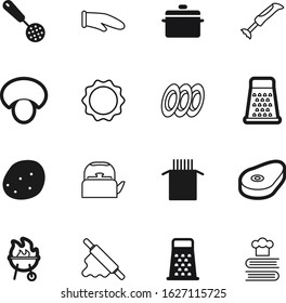 cook vector icon set such as: mitten, potholder, sirloin, device, pack, mushrooms, building, gadget, beef, slicer, ripe, baking, water, party, roller, metallic, lines, tea, recipe, gray, steak