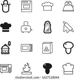 cook vector icon set such as: toaster, pictogram, cut, bowl, concept, grill, toast, round, tea, water, pastry, shape, nobody, image, roll, bib, danger, flame, wheat, palce, corn, metal, teapot, badge