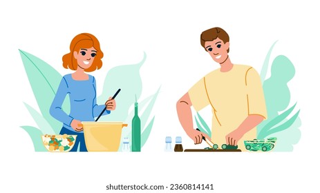 cook vegeterian cooking vector. home healthy, meal man, woman vegan cook vegeterian cooking character. people flat cartoon illustration