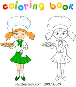 Cook or waiter in their uniform with cake and pizza. Coloring book. Vector illustration for children
