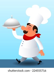 Cook walking with a covered dinner plate vector cartoon illustration