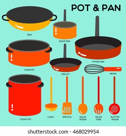 Cook ware set with pots, pans, wok and utensils in simple style with colors.