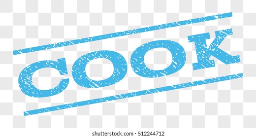 Cook watermark stamp. Text caption between parallel lines with grunge design style. Rubber seal stamp with scratched texture. Vector light blue color ink imprint on a chess transparent background.