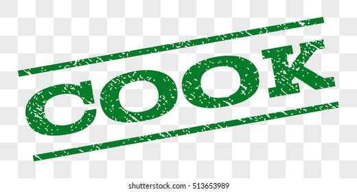 Cook watermark stamp. Text tag between parallel lines with grunge design style. Rubber seal stamp with dirty texture. Vector green color ink imprint on a chess transparent background.