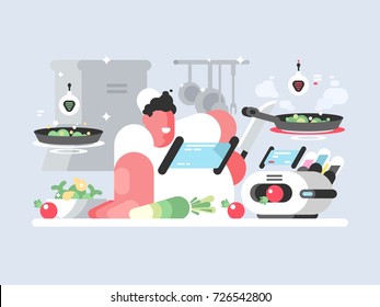 Cook in white cap prepares delicious dish in kitchen. Vector illustration