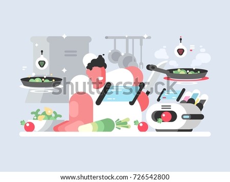 Cook in white cap prepares delicious dish in kitchen. Vector illustration