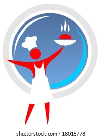 Cook in a white dressing gown and a cap with a food on a tray.