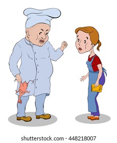 cook in white hat with a chicken in his hand a little waitress scolds