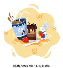 cook white mouse with strawberry and coffee cup and chocolate mousse cake with spoon on beige background
