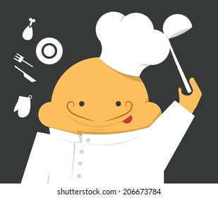 Cook in a white robe with hat and scoop