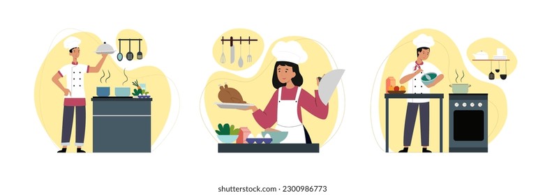 Cook in white suit and bonnet standing near stove with pots of soup. Chef holding cooked chicken. Man kneading food in bowl. Set of cooking delicious food in restaurants. Flat vector illustration