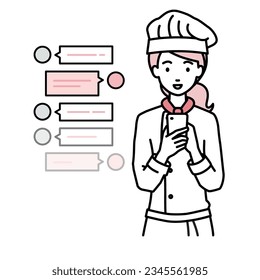 une femme cuisinière profitant d'une conversation en chat via le réseau social messenger debout et regardant son smartphone dans les mains