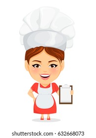 Cook woman, female master chef. Funny cartoon character with big head holding blank clipboard. Humorous vector illustration.
