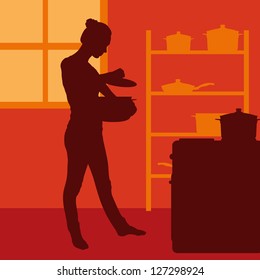 Cook woman or housewife in kitchen vector background