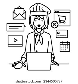 a cook woman using laptop computer for browsing web sites, digital marketing, payment, managing online store, and supporting customers at her desk