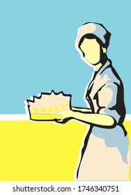 cook woman vector illustration, retro postcard, color illustration