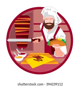 Cook at work, cooking kebab wrap, vector icon 