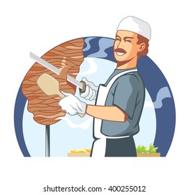 Cook at work, cooking kebab wrap, vector illustration