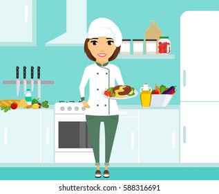 Cook at work. Young girl holding a dish in a hand. Fruits and vegetables. Professional in their field. Happy girl.