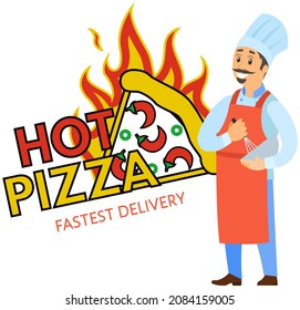Cook works with kitchen equipment to prepare food. Male character whips ingredients of meal with whisk. Chef prepares pizza dough. Cooking hot pizza, pizzeria, fastest delivery logo concept