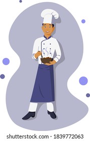 The cook is a young man in a standing position with a Cup of food. The character is a chef. Vector illustration in flat style.