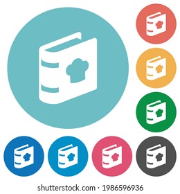 cookbook with chef hat flat white icons on round color backgrounds