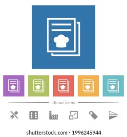 cookbook with chef hat flat white icons in square backgrounds. 6 bonus icons included.